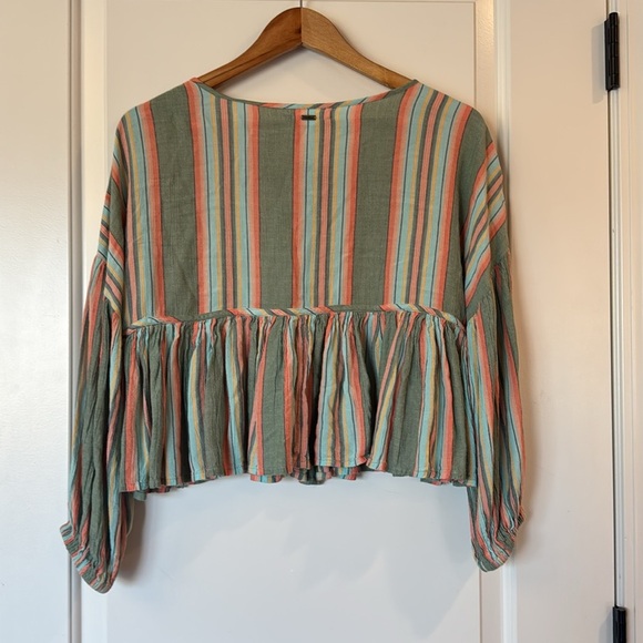 O’NEILL Rosie Stripe Top Bohemian Tie Closure Medium Green Blue - Picture 6 of 9